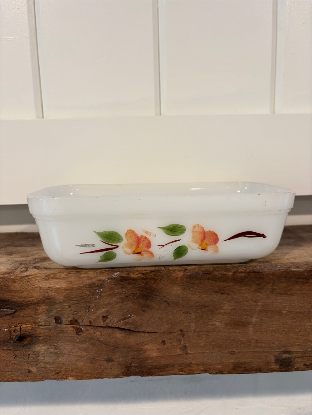 Fire King White Milk Glass Floral Loaf Pan with Orange and Green Flowers